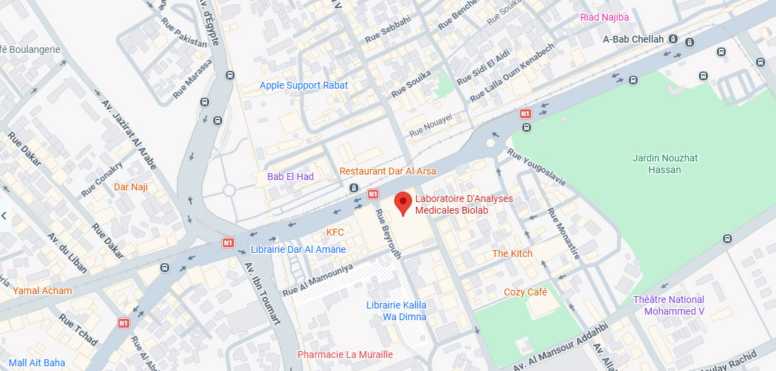 Plan d'accès : Laboratoire BIOLAB, rue Beyrouth, en face de Bab El Had, près de la rue Al Mamouniya, Rabat